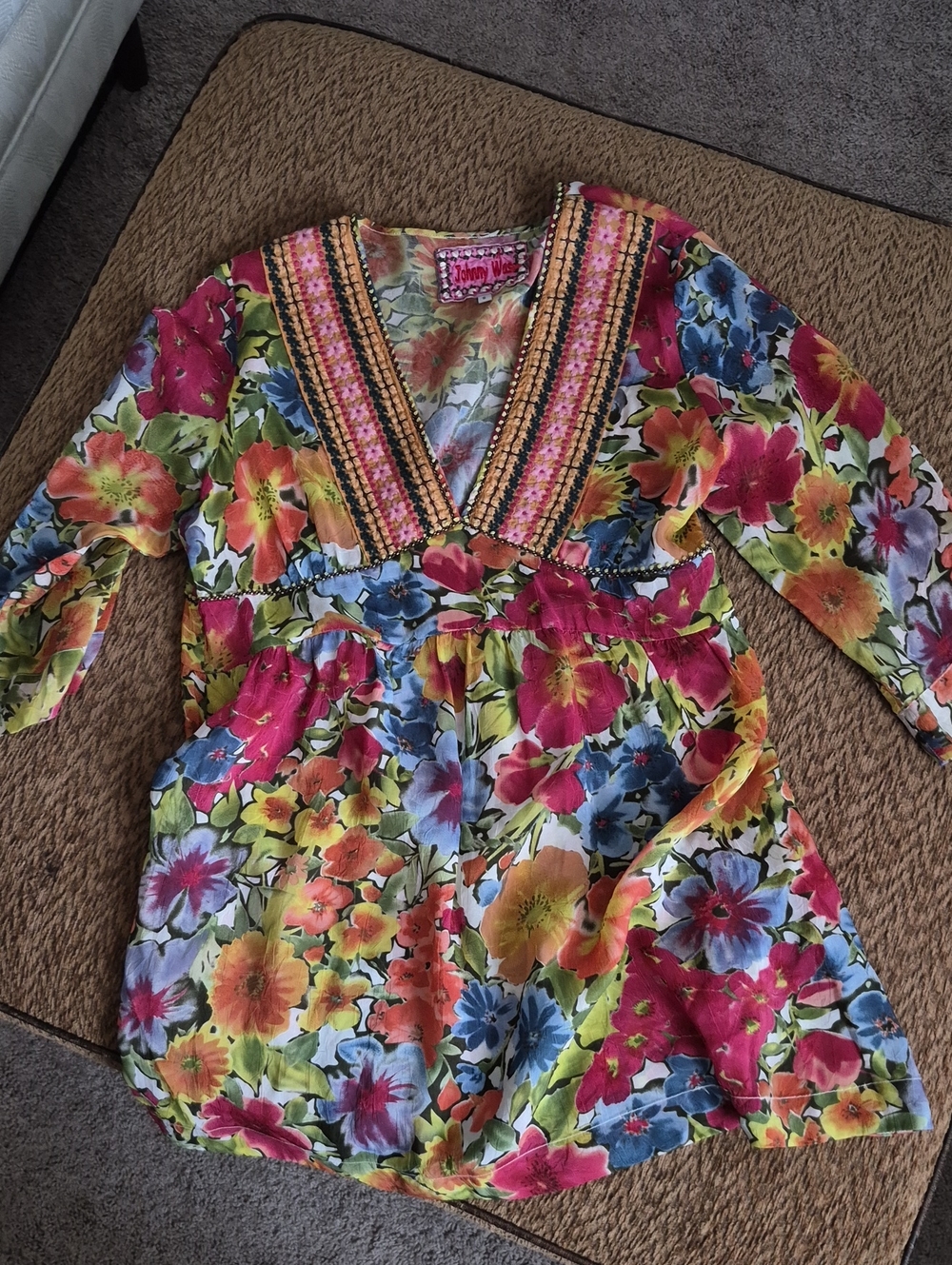 Johnny Was Womens Floral V-Neck Tunic - Pink, Blue, Yellow, Green, Orange
